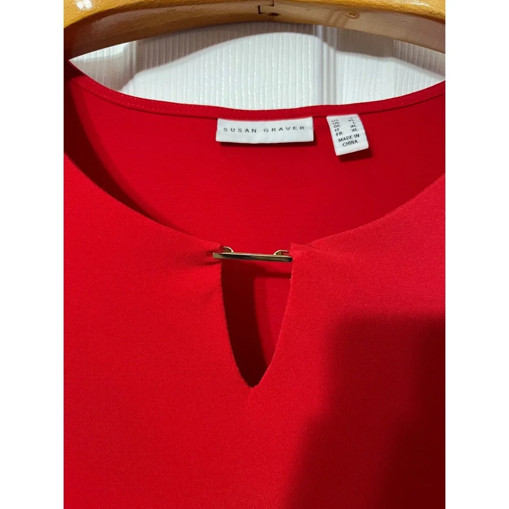Susan Graver Liquid Knit Red Keyhole Neck Short Sleeve Tunic‎ Top Womens Size L - Picture 3 of 5